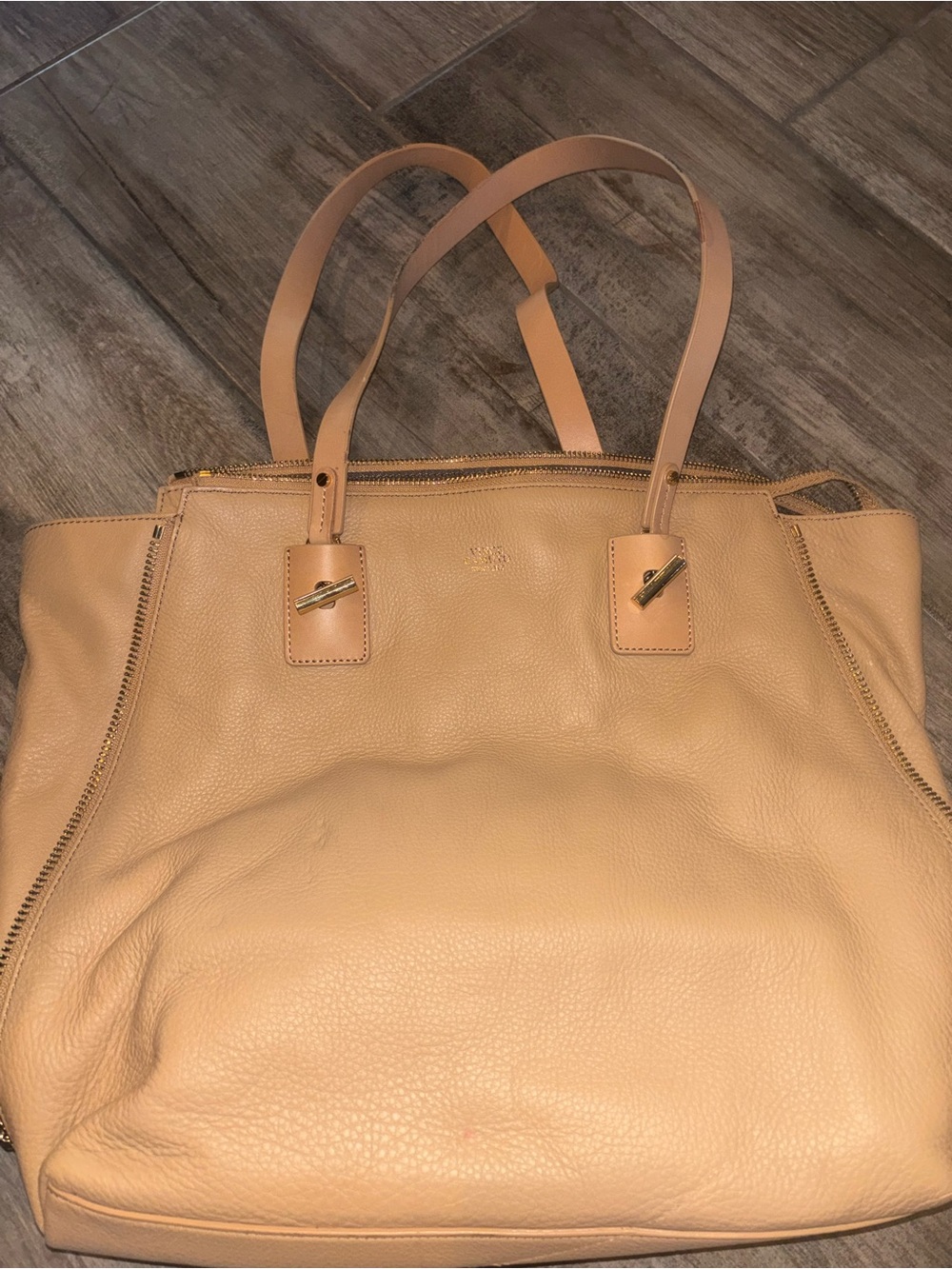 Vince Camuto Beige Leather Tote with Gold Hardware